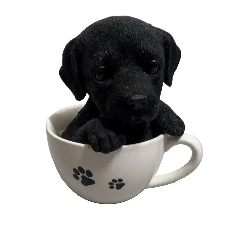 Black Puppy Dog Figurine in Paw Print Teacup Statue 4.5